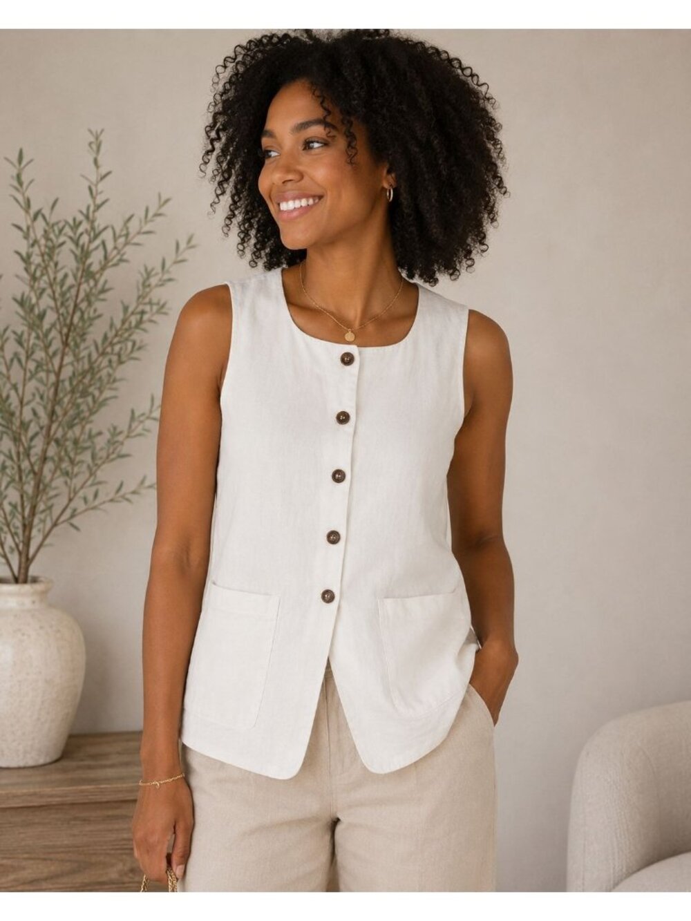 Joie Linen Vest Waistcoat Button Front Neutral Minimalist Coastal Top M